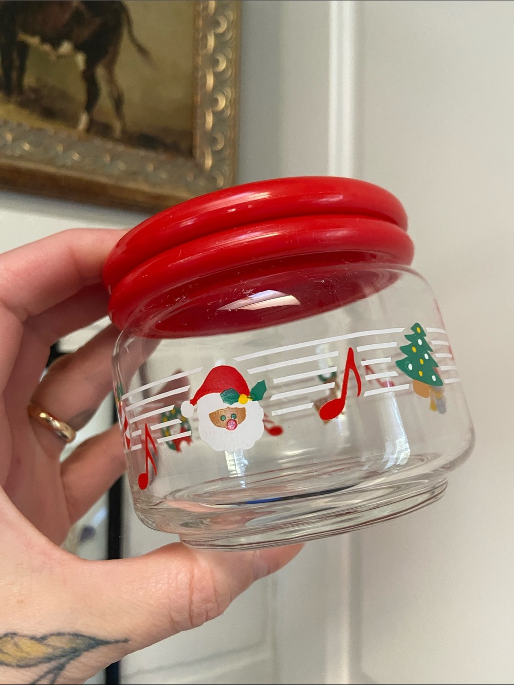 90s Jazzy Christmas Small Glass Storage Canister Red Motif Musical Plastic Lid